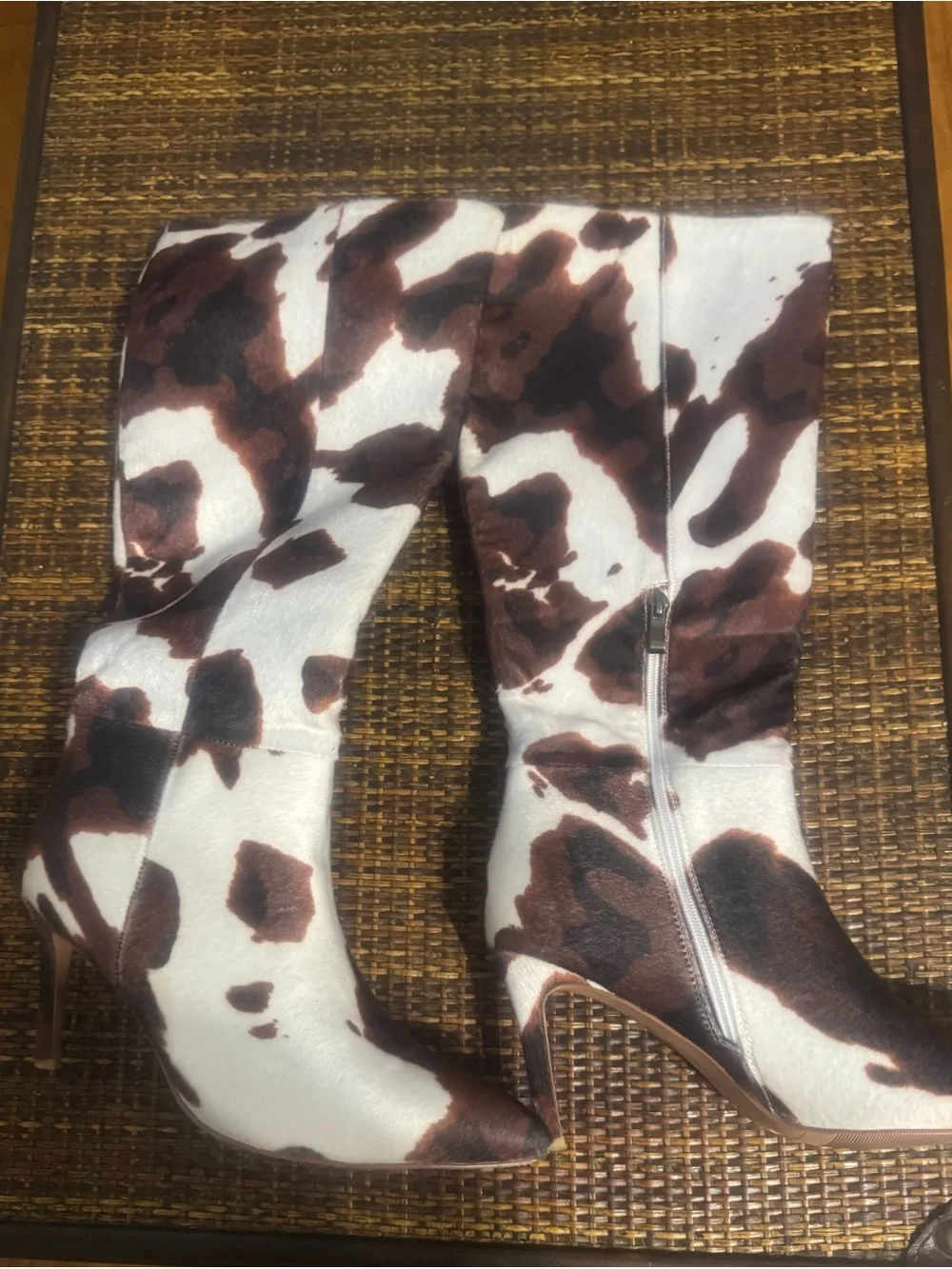 Cow-Print Knee-High Stiletto Boots - Brown & White
